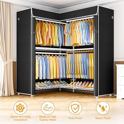 ULIFHOME E15C Pro Garment Rack L Shaped Clothes Rack for Corner，Freestanding Clothing Racks for Hanging Clothes，Heavy Duty Closet System 48.8"W x 15.8"D x 78.4"H，White Rack with Black Dustproof Cover - Image 4