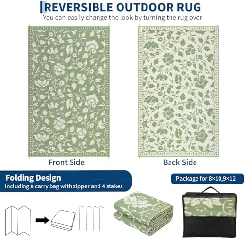 Garvee Floral Outdoor Rug 8x10 Patio Waterproof Plastic Straw Rug, Green - Image 6