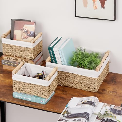 Vagusicc Wicker Storage Basket, 3-Packs Seagrass Storage Baskets for Organizing, Large Cube Storage Organizer Baskets Bins with Handles for Shelves Decor, Small Toilet Paper Storage Basket (Seagrass) - Image 6