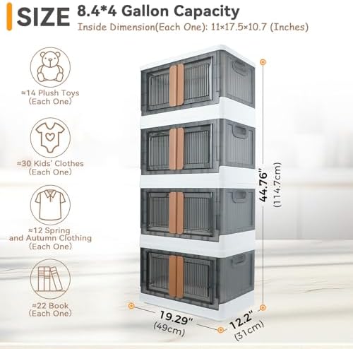 Storage Box, Plastic Cabinet, 8.4 Gallon (32L) Capacity (Each One), 4 Packs, Stackable Collapsible Drawer, with Door and Buckle, Organizer for Home and Office, Transparent - Image 2