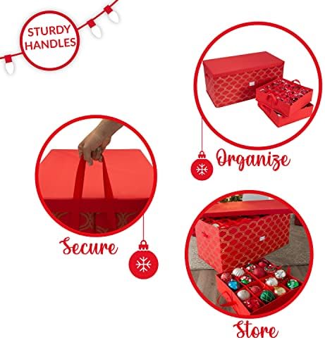 Simplify 96 Ornament Storage Box | Dimensions: 37.5"x 19"x 17.75" | Holds 96 Ornaments | Stackable | Easy Carry Handles | Red | Christmas Storage - Image 3