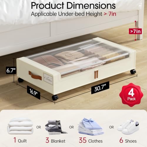 Yecaye 4 Pack Under Bed Storage with Wheels, Under Bed Storage Containers with Lids, Large Under Bed Rolling Storage with Clear Window & Label, Rolling Drawers for Clothes, Blankets, Books - Image 2