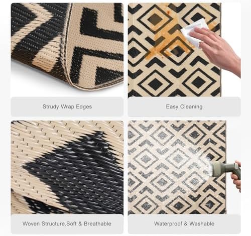 wikiwiki Outdoor Rug, 9x12ft Waterproof Reversible Mat Indoor Outdoor Rugs Carpet, Small Area Rug Plastic Straw Rug for Patio Deck Balcony Pool RV Camping Beach Picnic, Black & Beige, Rugscape Series - Image 6