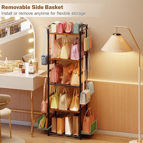 Tall 5-Tier Purse Organizer for Closet, Purse Rack Stand for Purse Storage, Metal & Wood Handbag Organizer with 4 Side Hooks and 2 Baskets, Space-Saving Narrow Purse Shelf for Small Space, Bedroom - Image 7