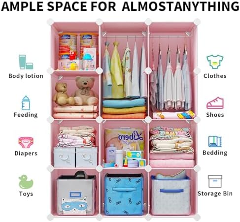 VIPZONE Baby Dresser, Kids Closet Organizers, Portable Kids Wardrobe for Closet, Bedroom, Nursery, Cubby, Cabinet, Clothes, Dress, Baby Storage Shelf, Armoire Clothes Hanging (12 Cube, Pink) - Image 4