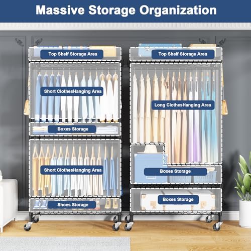 ULIFHOME P8C Heavy Duty Clothes Rack（With Extended Width Design） Rolling Clothing Racks for Hanging Clothes with Lockable Wheels，31.5" W x 15.8" D x 80.5" H，Max Load 600LBS，Black Rack with Black Cover - Image 3