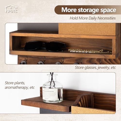 Key Holder for Wall Mount with Mail Organizer, Farmhouse Key Holder for Wall with Shelf, Chalkboard&Corkboard, Entryway Organizer 11 Metal Hooks, Decorative Natural Pine Wood, 14.6*11.1*3.3”, B-Brown - Image 3