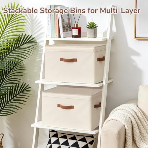 CHICVITA 4-Pack Large Fabric Storage Bins with Lids for Shelves, Ivory - Image 3