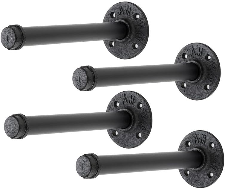 8 Inch Black Industrial Pipe Floating Clothing Rack Wall Mounted, 4 Pack by HomeExpert