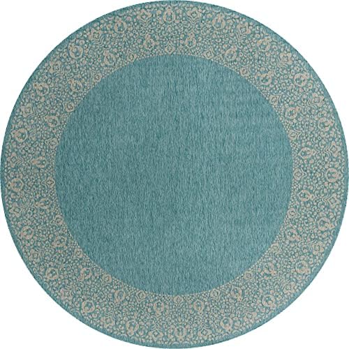 Unique Loom Outdoor Border Collection Area Rug - Floral Border (13' Round, Aqua/ Ivory) - Image 3
