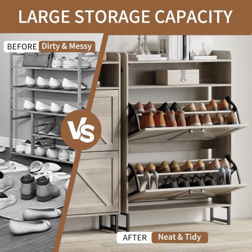 Xixini Shoe Storage Cabinet with 2 Flip Drawers, Entryway Shoe Rack, Grey - Image 5