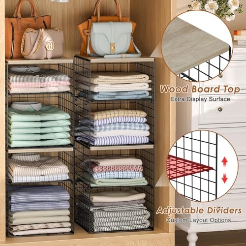 6-Tier Stackable Closet Organizers and Storage Basket, Set of 3 Closet Shelf Organizer with Adjustable Divider & Wood Top Board, Clothes Storage Bins for Wardrobe Organizer System, Space-Saving, Black - Image 5