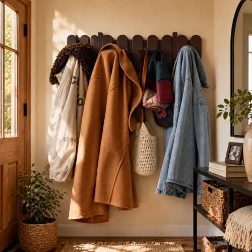 Wooden Coat Rack Wall Mount, Flip-Down Hooks, Walnut, 10 Hooks - Image 3