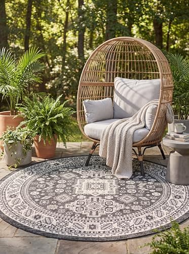 Rugs.com Outdoor Aztec Collection Rug – 6 Ft Round Charcoal Gray Flatweave-Pile Rug Perfect for Kitchens, Dining Rooms by Rugscom
