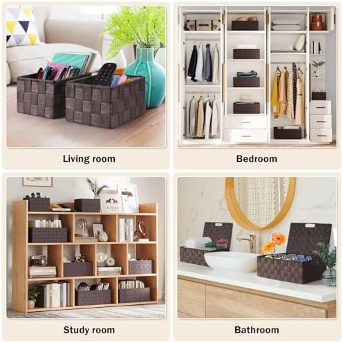 Storage Baskets with Lids: 5 Pack Stackable Woven Storage Bins, Brown - Image 6