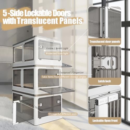 Stackable Storage Bins with Doors - 3 Tier 80Qt Each Plastic Collapsible Storage Bins with Wheels, Foldable Storage Cabinet for Closet Organizers(60 Gal/240 Qt) - Image 3