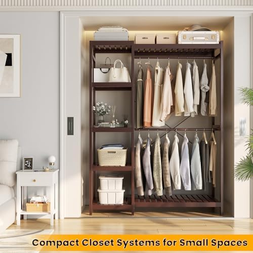Homykic Bamboo Clothing Rack with 7 Adjustable Shelves, 2 Rods, Espresso - Image 2