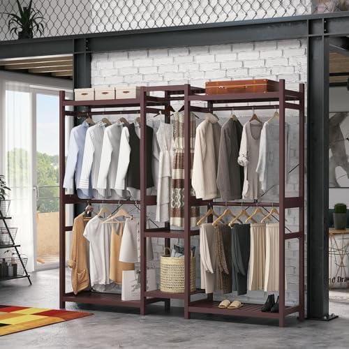 Homykic Bamboo Clothing Rack with 7 Shelves, 5 Rods, 70” Wide, Espresso - Image 2