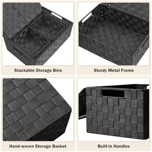 Storage Baskets with Lids: 5 Pack Stackable Woven Storage Bins, Black - Image 4