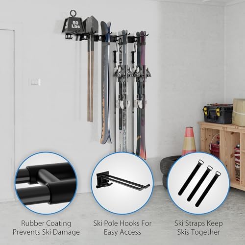 USA Based Ski Rack Wall Mount, Holds 10 Pairs for Ski Storage Rack, Snowboard Hanger & Ski Holders for Wall Storage Racks for Garage, Ski Hangers for Wall Holds Up to 125lbs, 5 Hooks Black - Image 6