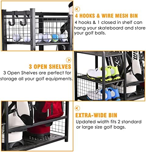 SNAIL Golf Bag Garage Storage Organizer Extra Large Size Golf Bag Rack Stand Holder Fits 2 Golf Bags and Other Golfing Equipment Accessories, Metal Black Golf Club Storage for Garage Shed and Basement - Image 3