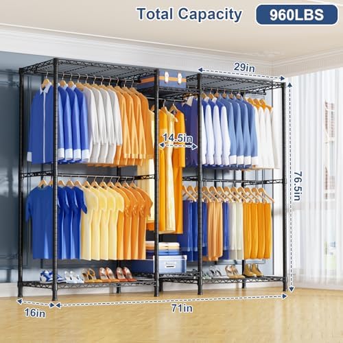 Ulif E12 Pro Clothes Rack，Heavy Duty Freestanding Garment Rack with Shelves，Metal Clothing Closet Storage System for Hanging Clothes，71" W x 16" D x 76.5" H, Hold 960 lbs，Black - Image 2