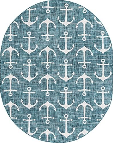 Unique Loom Outdoor Coastal Collection Area Rug - Ahoy (7' 10" x 10' Oval, Teal/ Ivory) - Image 3