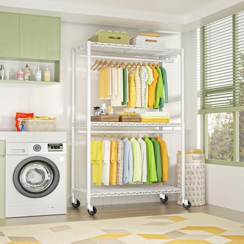 FUTASSI Rolling Clothes Rack, Clothing Racks for Hanging Clothes, White - Image 4