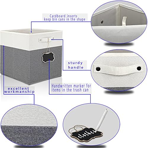 13x15x13 storage cube bins 4 Pack,Collapsible Fabric Storage Cubes with Labels,Linen Cube Storage Organizer Bins with Cotton Handles,Square Storage Cubes for Home,Office,Clothes,Cabinet(White Grey). - Image 4