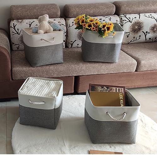 Fabric Storage Cubes 13 x 13, Collapsible Storage Bins for Shelf Baskets, Cube Storage Organizer White Gray Bins with Cotton Handles, Foldable Storage Bin box, Cube Storage Bin 6 Pack - Image 2
