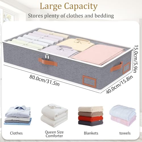 Yawinhe Pack of 2 Underbed Storage Bags, Foldable Clothes Storage with Clear Window, for Duvets, Clothes, 80 x 40 x 15 cm, Grey - Image 4