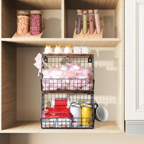 Mefirt 2pcs Fruit Basket Kitchen Storage Basket with Wood Lid - Image 4