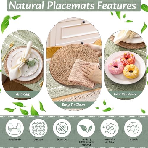 Long Table Runner and Round Woven Placemats Set, 6 Sets, Sage Green - Image 5
