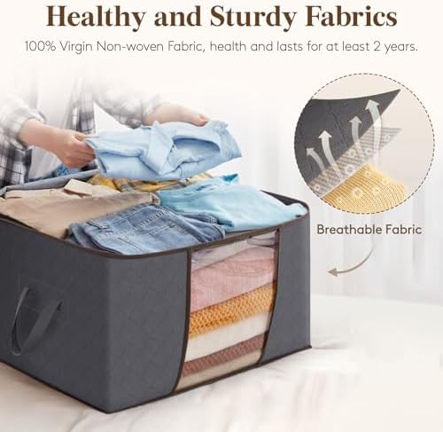 Lifewit 10 Pack 90L Clothes Storage Bins with Lids, Foldable Blanket Storage Bags with Zippers, Clear Window and Reinforced Handles, Closet and Organization for Clothing, Sweater, Comforter, Bedding - Image 3