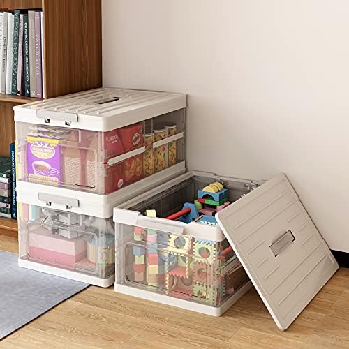 Apsan Collapsible Storage Bins with Lids for organizing, Stackable Clear Latch Storage Box with Handle, Folding Plastic Containers,White - Image 2