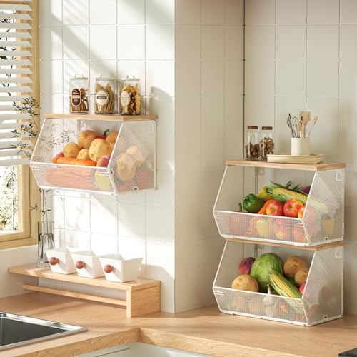 3-Pack Stackable Wire Basket with Wood Lid - Wall Mounted Fruit & Vegetable Bowl for Kitchen, Potato & Onion Storage by Litwaro
