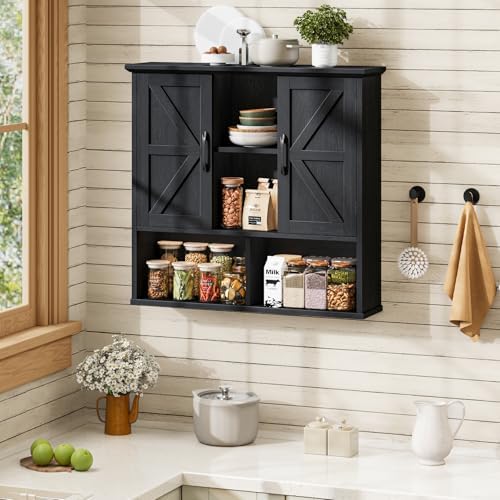 Vabches Bathroom Wall Cabinet, Farmhouse Medicine Cabinet with Double Barn Door and Adjustable Shelves, Wooden Vintage Storage Cabinet Wall Mounted for Bathroom, Kitchen Dining, Rustic Black - Image 7