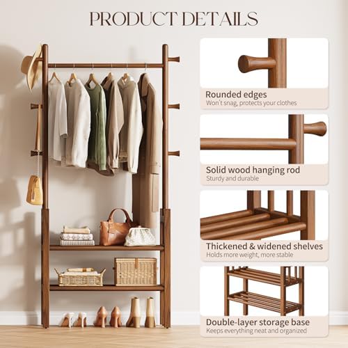 Yoobure Solid Wood Clothing Rack with Shelves - Coat Rack Freestanding with 6 Hooks, 3-in-1 Hall Tree for Hanging Clothes, Tall Garment Racks with Storage for Bedroom, Entryway, Living Room, Closet - Image 3