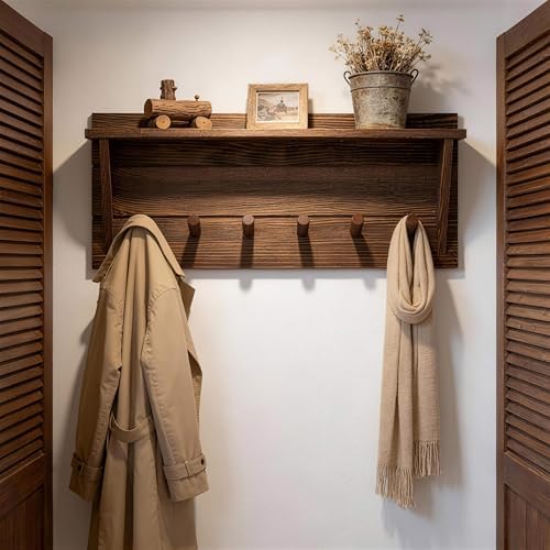 WEBI Coat Rack Wall Mount with Shelf,24" Long Entryway Wall Shelf with Hooks Underneath,6 Peg Hooks for Hanging Coats,Caps,Jacket,Clothes,Brown - Image 4