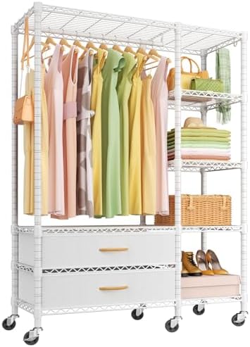 Ulif F3R Heavy Duty Clothes Rack（With Lockable Wheels）Freestanding Clothing Racks for Hanging Clothes，Adjustable Closet Organizer System，Portable Garment Rack 40"W x 15"D x 74"H，Max Load 700LBS，White by Ulif