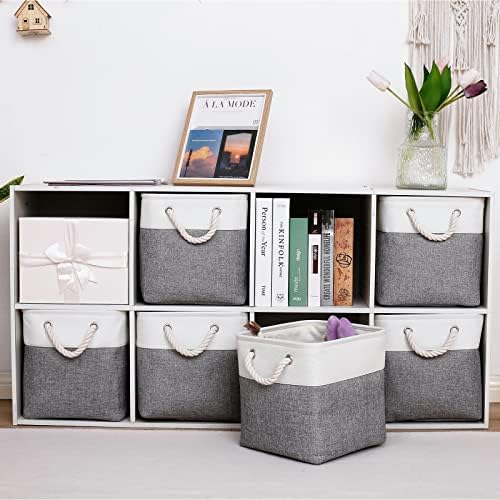 MidmmVick 11 x 11 Inch Cube Storage Bins, 6 Pack Large Collapsible Fabric Storage Bin with Ropes, Foldable Storage Cubes for Home, Office,Closet, Clothes, Toys Organizer (White & Grey-11"x11"x11") - Image 2