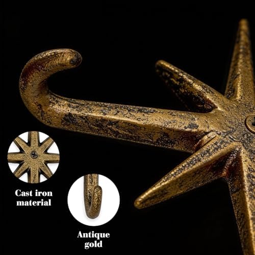 4 Pack Cast Iron Atomic Starburst Wall Hooks, Gold Mid Century Modern Coat and Towel Hooks for Entryway, Bathroom, Kitchen, Bedroom, Decorative Vintage Style Star Hooks - Image 6
