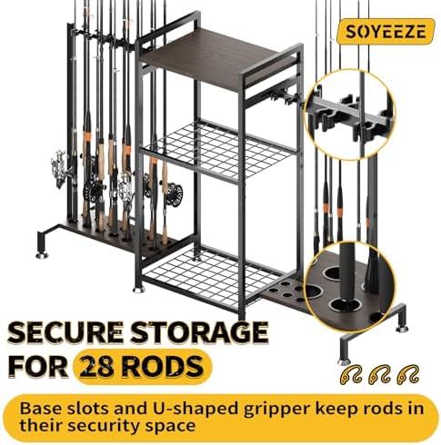 SOYEEZE Fishing Rod Holder for 28 Rods, Ground Stand Fishing Pole Holders for Garage, 3-Sided Vertical Fish Rod Rack for Tackle Box, Fishing Supplies,a Display Fish Gear Storage Gift for Man - Image 2
