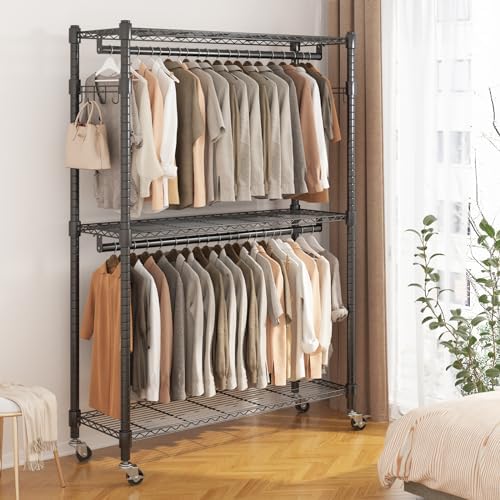 BATHWA Heavy Duty Rolling Clothes Rack with Wheels, 640 lb Hanger Rack & Garment Rack, 25mm Metal Freestanding Portable Closet, 2 Rods + Adjustable Shelves for Hanging Clothes - Image 2
