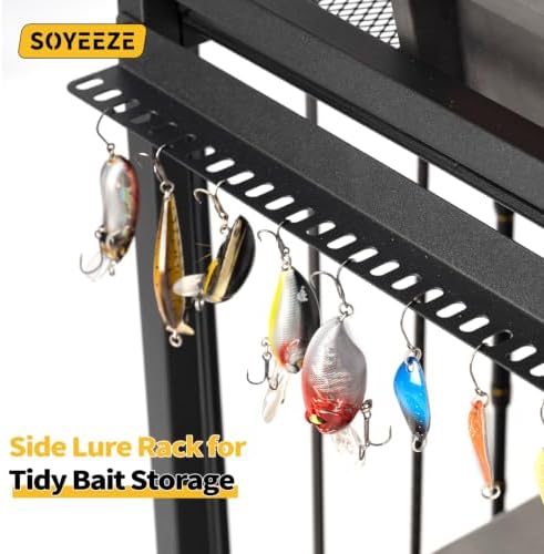 SOYEEZE Fishing Rod Holders for Garage, Fishing Pole Holder Up to 12 Rods with Pegboard and Hooks,Rolling Fishing Cart with Wheels, Fishing Gear Storage For Tackle Box & Reel Organization-4 Side Fence - Image 4
