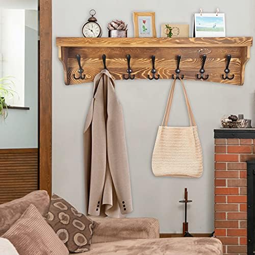 WEBI Wall Shelf with Hooks Underneath,35" Long Wall Mounted Coat Rack with Shelf,Entryway Shelves,7 Triple Hooks,Rustic Brown - Image 4