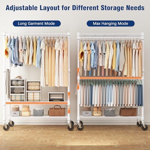 Homdox Heavy Duty Rolling Clothes Rack, Adjustable Clothing Rack for Hanging Clothes, Portable Closet Rack with 4 Hanging Rods, 2 Storage Shelves, 45" W x 20.5" D x 80" H, White - Image 3