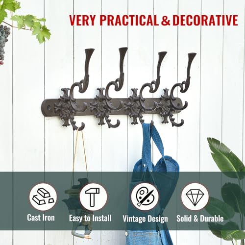 Sungmor Vintage Cast Iron Wall Hook Rack - Ornate 4-Hooks Coat and Hat Organizer - Heavy Duty Decorative Hanger for Entryway, Bathroom, or Mudroom - Retro Court Style & Rustic Bronze Finish - Image 7