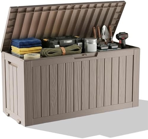 Outdoor Waterproof Resin Storage Deck Box Lockable Outside Bench UV Resistant Bin Patio Porch Furniture Pool Float Garden Tool Cushion (Grey, 85 Gallon) by MAIUSCOLI