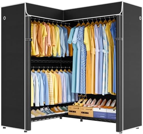ULIFHOME E15C Pro Garment Rack L Shaped Clothes Rack for Corner，Freestanding Clothing Racks for Hanging Clothes，Heavy Duty Closet System 48.8"W x 15.8"D x 78.4"H，Black Rack with Black Dustproof Cover - Image 2